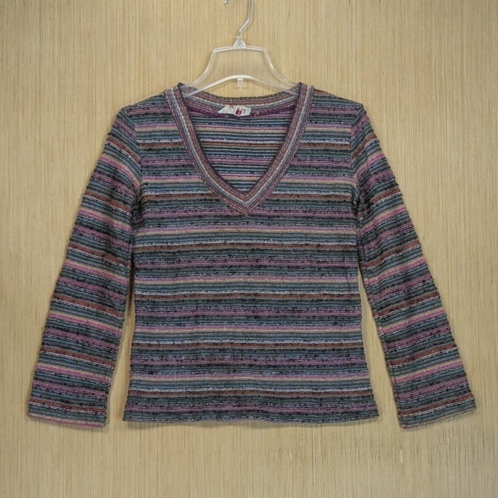 Women's Vintage Retro Colorful‎ Rainbow Striped Knit Sweater Top Medium USA